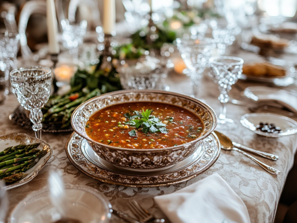 A beautifully set dinner table featuring a bowl of vegetable soup garnished with fresh herbs, surrounded by elegant glassware, asparagus, and candles.