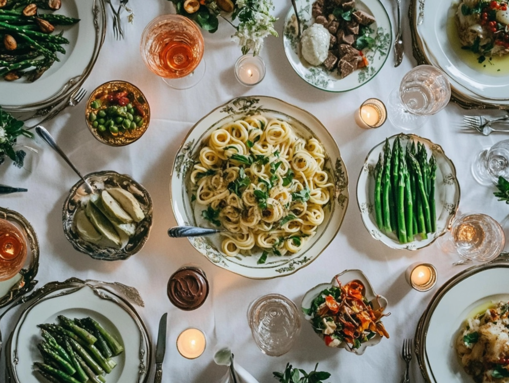 An elegant dinner table set with a variety of dishes, including zucchini pasta, asparagus, roasted vegetables, and side salads, all arranged on fine china and decorated with candles.