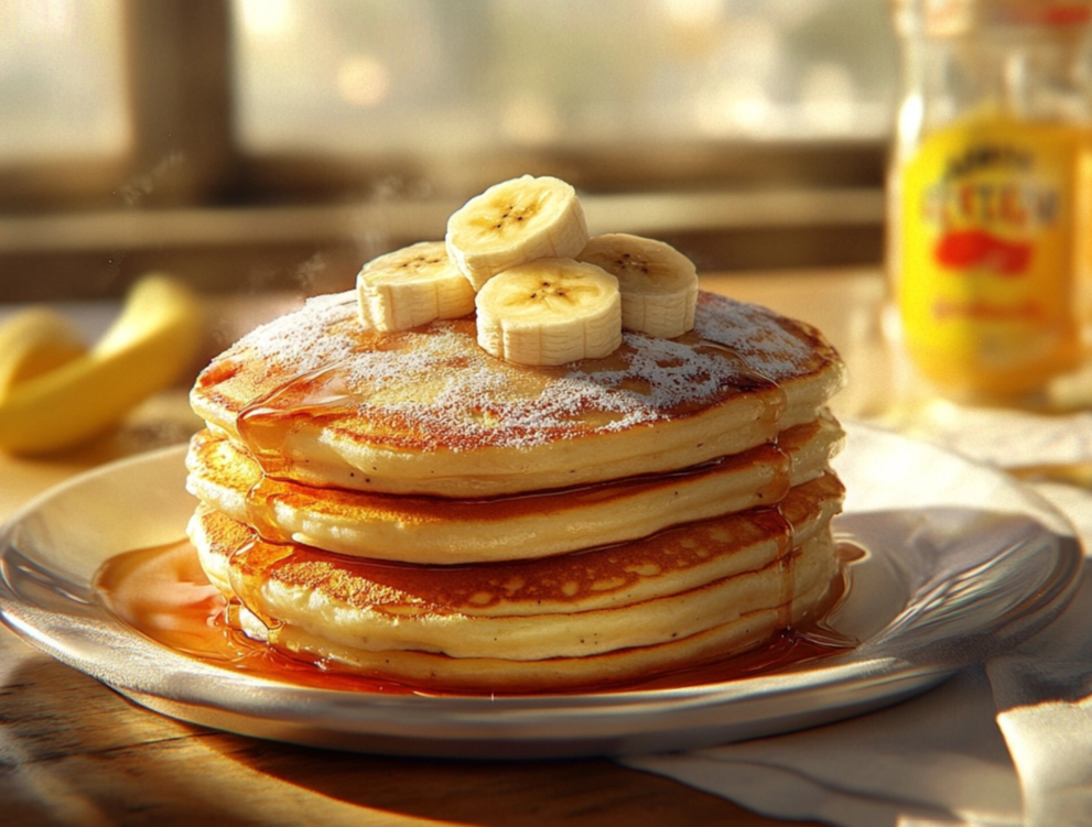 Banana pancakes with fresh berries and syrup.