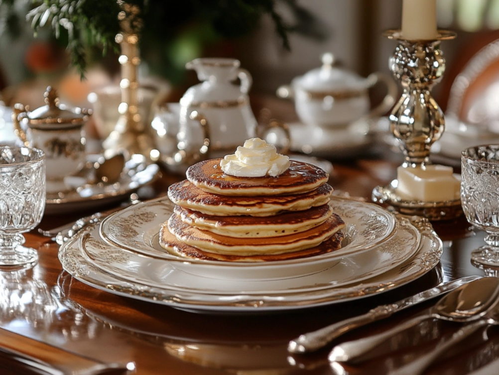 A stack of golden pancakes with whipped cream on top, elegantly served on fine china in a beautifully decorated dining setting with silverware and candles.