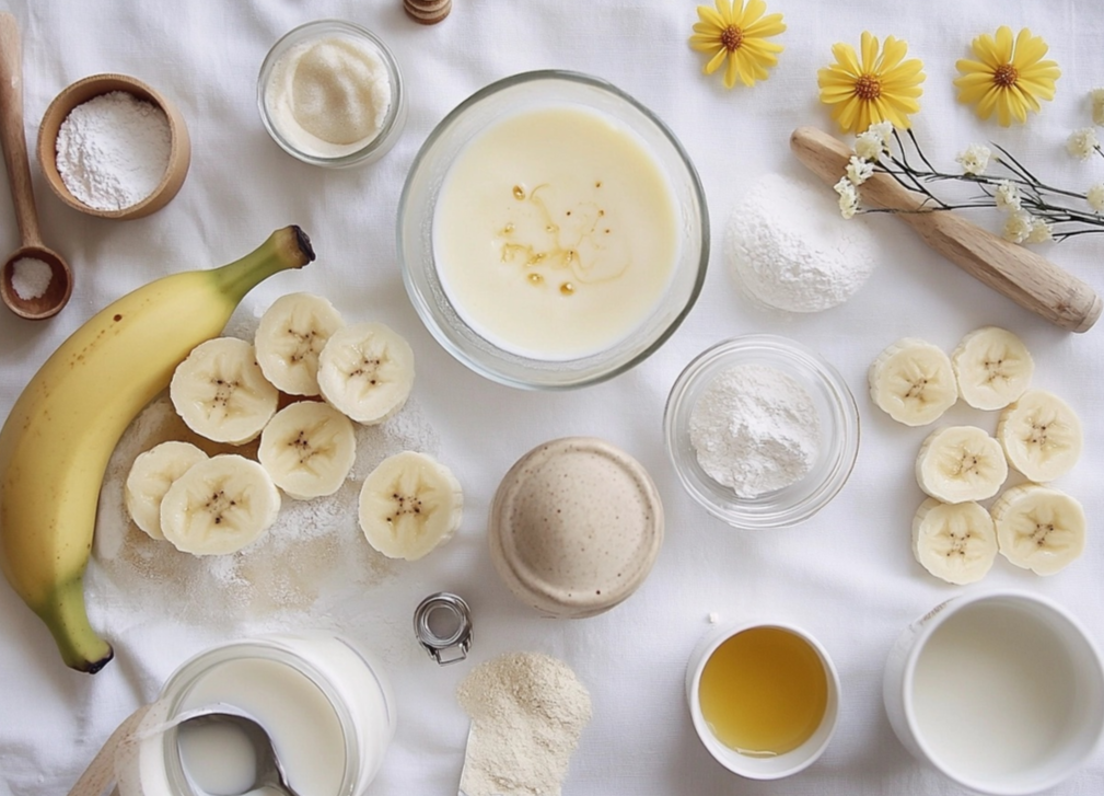 A flat lay arrangement of banana slices, milk, flour, honey, and baking ingredients on a white tablecloth with scattered yellow flowers.