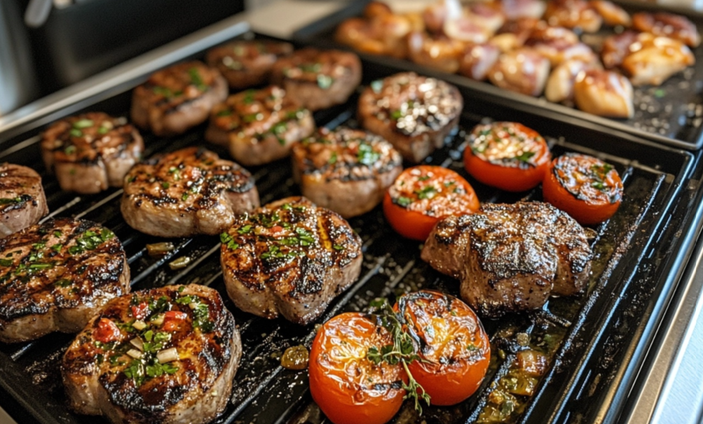 Quick Easy Blackstone Recipes with grilled vegetables and juicy steak.