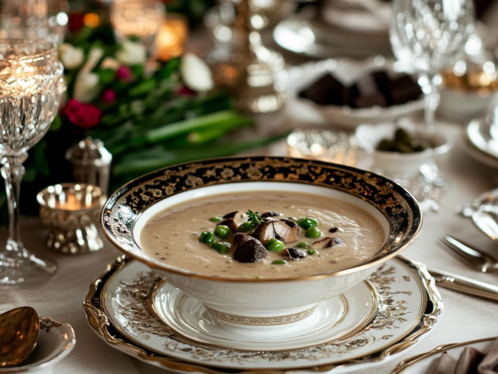 Elegant bowl of creamy mushroom soup garnished with fresh peas, herbs, and mushrooms, served on a fine dining table with candles and floral decor.