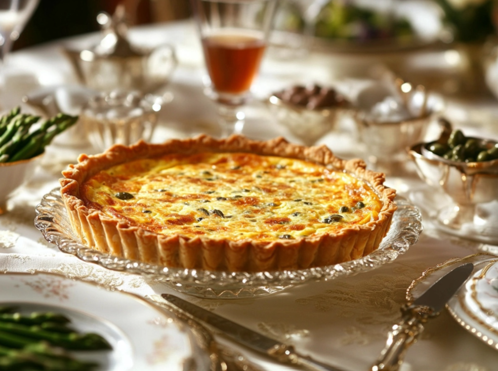 A golden-brown quiche with a flaky crust and creamy filling, garnished with herbs, served on an elegant dining table.