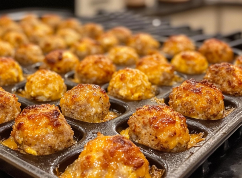 Homemade egg sausage and cheese breakfast bites​ served on a plate with fresh herbs.