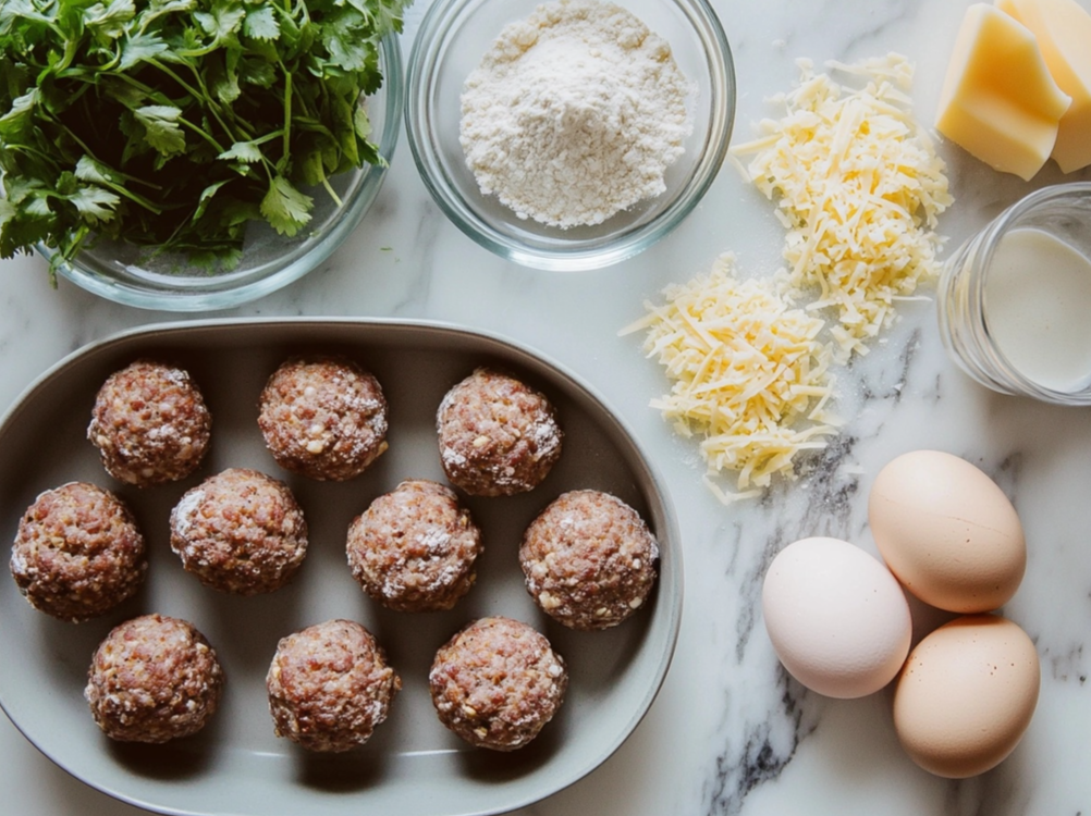 A preparation scene featuring raw meatballs, fresh parsley, shredded cheese, eggs, and flour on a marble surface.