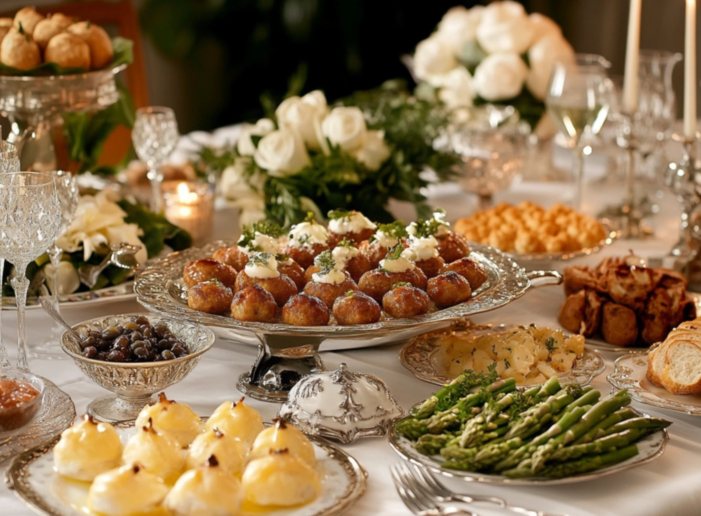 A lavish dinner table featuring meatballs topped with cream, asparagus, bread, potatoes, and other festive dishes elegantly displayed.