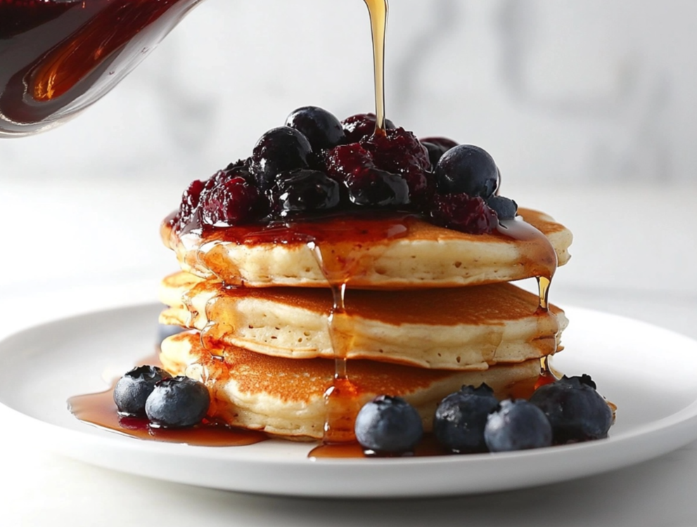 Blueberry Pancakes​ served on a plate with fresh blueberries and syrup.