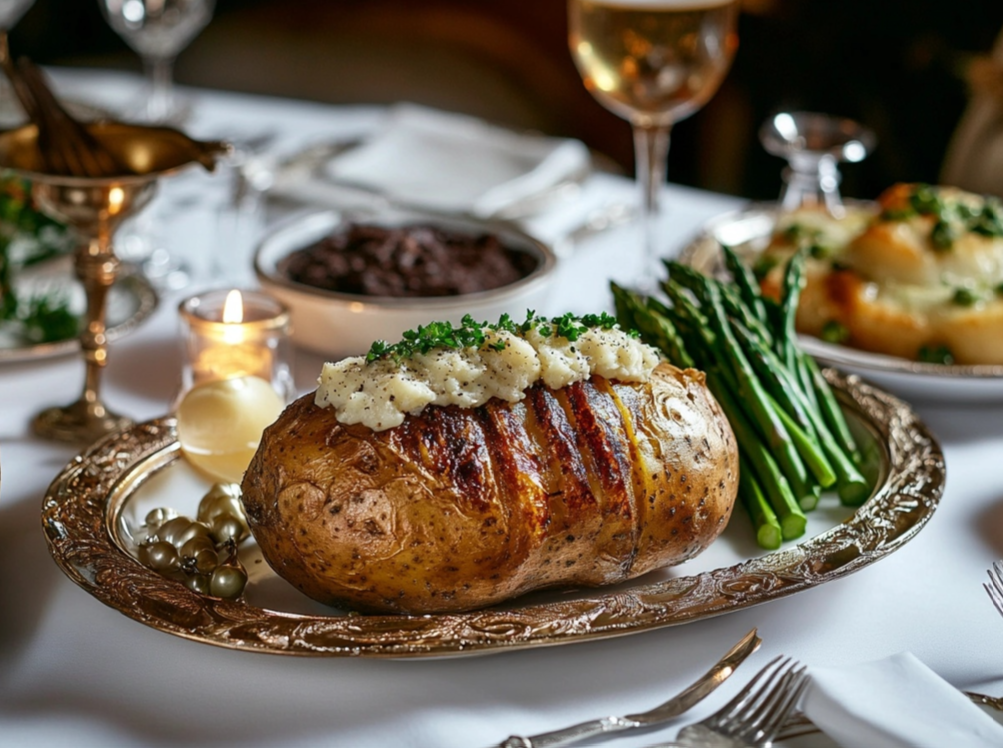 A golden-brown baked potato topped with butter and herbs, served with fresh asparagus on an ornate silver platter at an elegant dinner table.