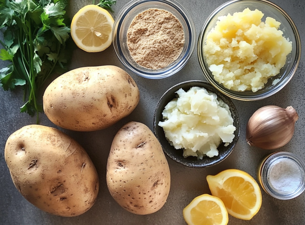 Fresh ingredients for a potato-based dish, including raw potatoes, mashed potatoes, lemon slices, breadcrumbs, parsley, onion, and salt.