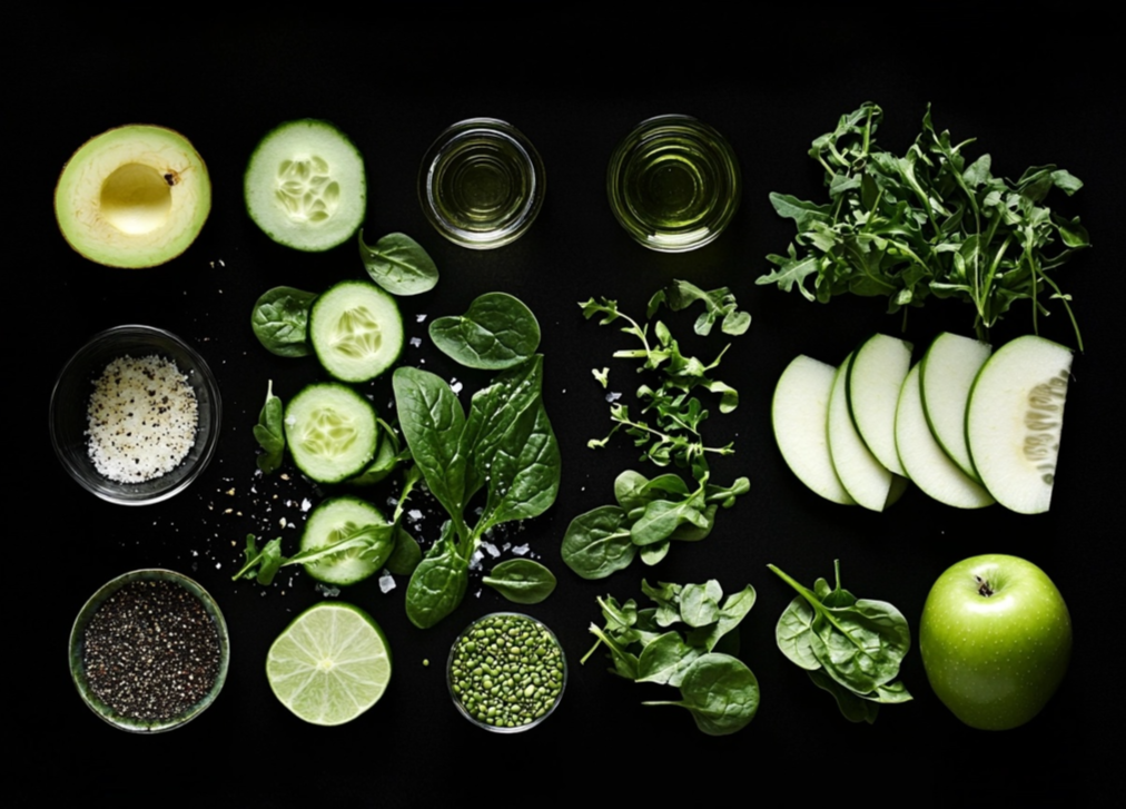 Green fruits, vegetables, and seeds, including spinach, cucumber slices, arugula, green apple, lime, avocado, and chia seeds, arranged on a black background.