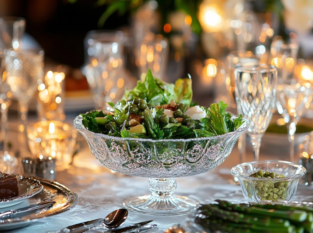 A fresh green salad served in an elegant glass bowl on a beautifully decorated dining table surrounded by crystal glasses and glowing candlelight.