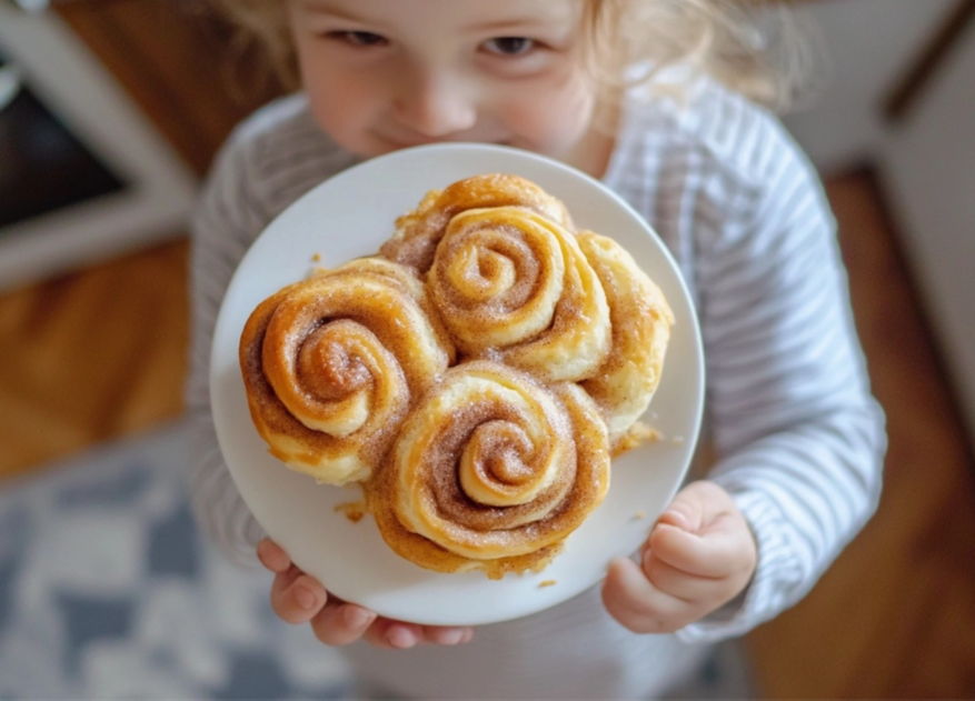 Cinnamon Rolls served with creamy frosting and a dusting of cinnamon.