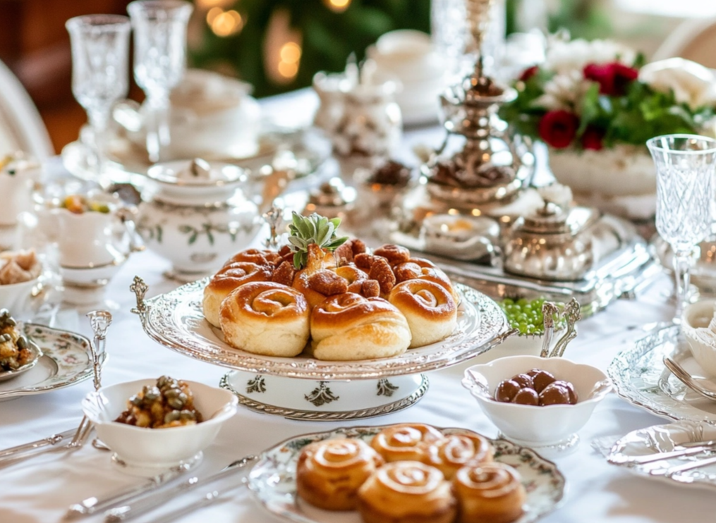 An elegant table set for a formal gathering with freshly baked pastries, glazed bread rolls, and ornate silverware under warm lighting.