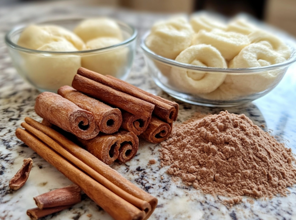 A close-up of cinnamon sticks, ground cinnamon powder, and bowls of dough or rolled pastries on a marble countertop.