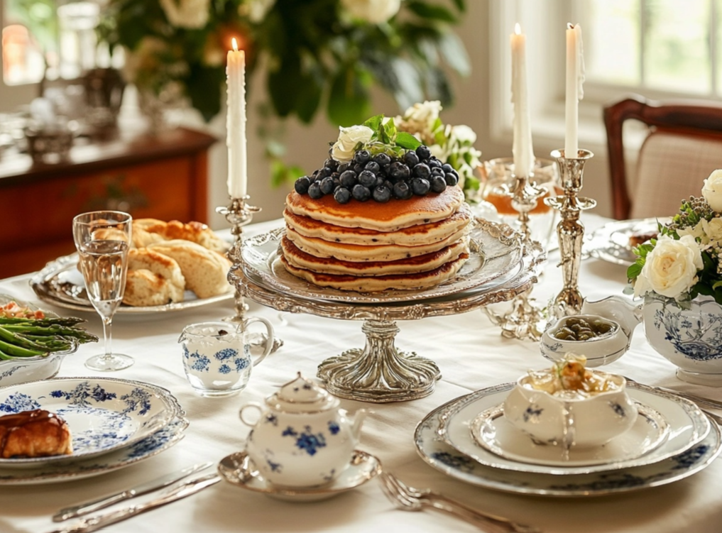 A stack of pancakes topped with fresh blueberries on an ornate cake stand, surrounded by a beautifully set table with elegant tableware, candles, and flowers.