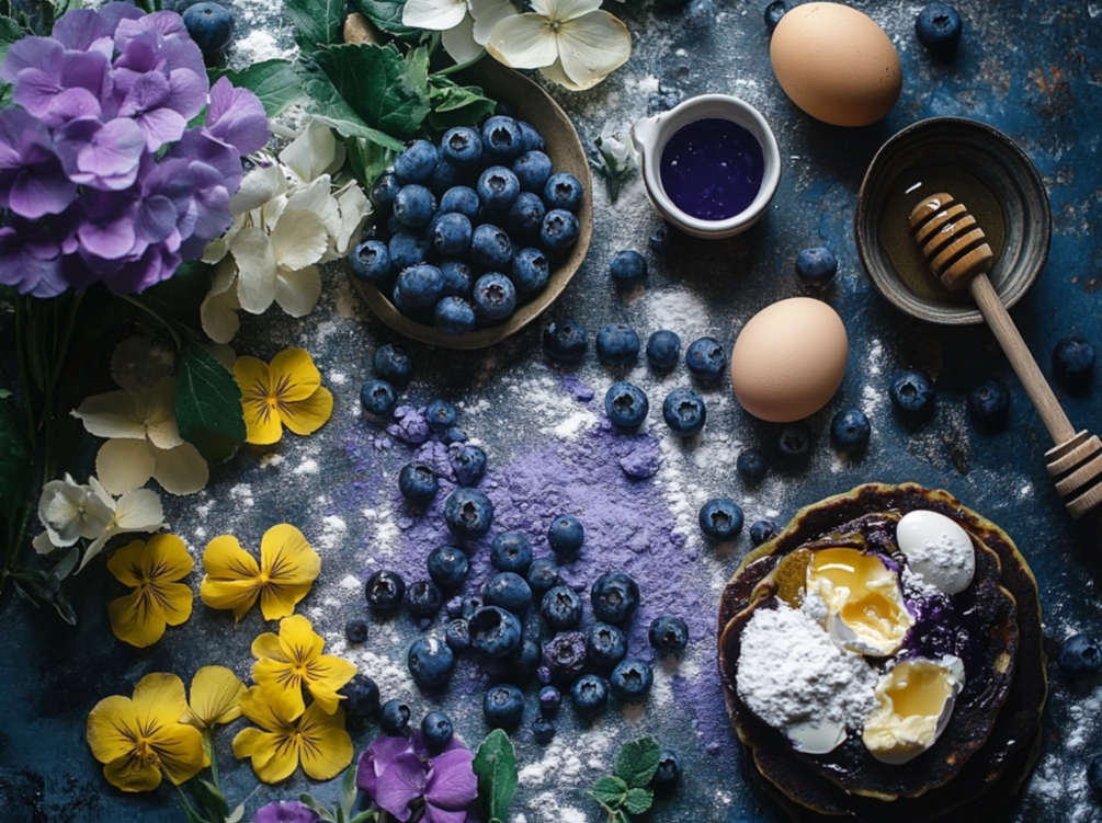 Blueberries, pancakes, eggs, honey, and vibrant flowers on a dark textured surface with powdered sugar and purple flour scattered across.