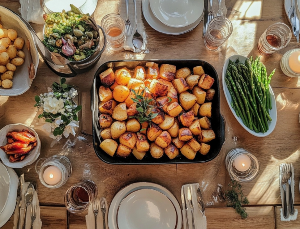 A rustic breakfast table with roasted potatoes, asparagus, and other dishes set for a warm, sunlit meal.