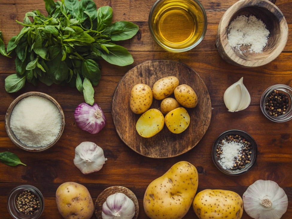 A rustic wooden table with potatoes, garlic, basil, olive oil, grated cheese, salt, and pepper ready for cooking.