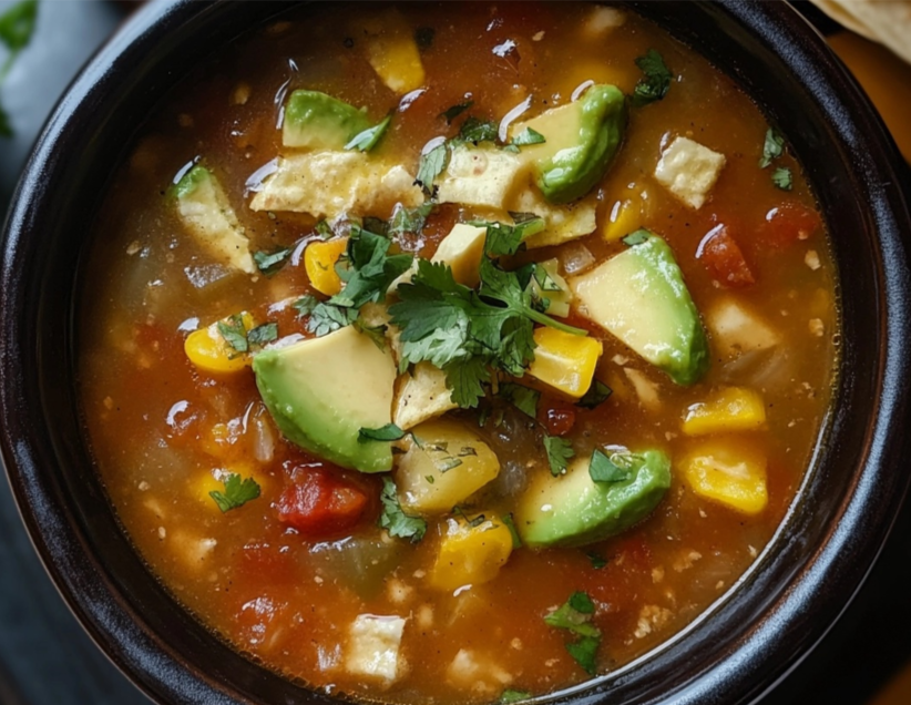 Vegetarian Tortilla Soup served with avocado and tortilla strips.