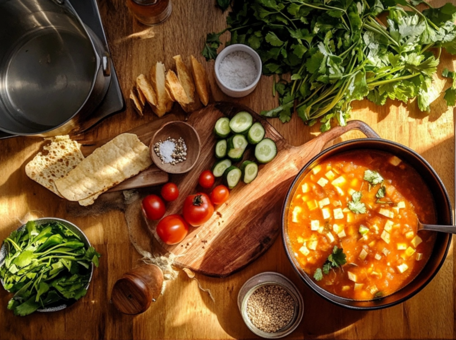 A vibrant overhead shot of a rustic kitchen table with a pot of tomato-based soup, fresh vegetables, herbs, and bread.