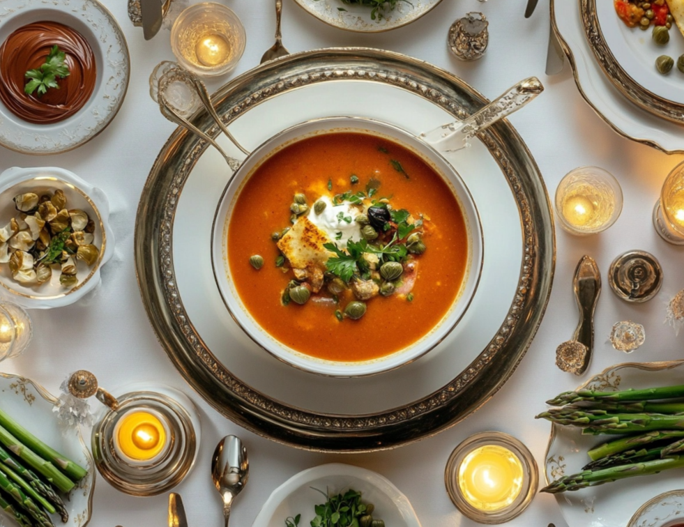 An elegant dinner setting featuring a bowl of tomato soup garnished with cream, herbs, and capers, surrounded by candles, asparagus, and side dishes.