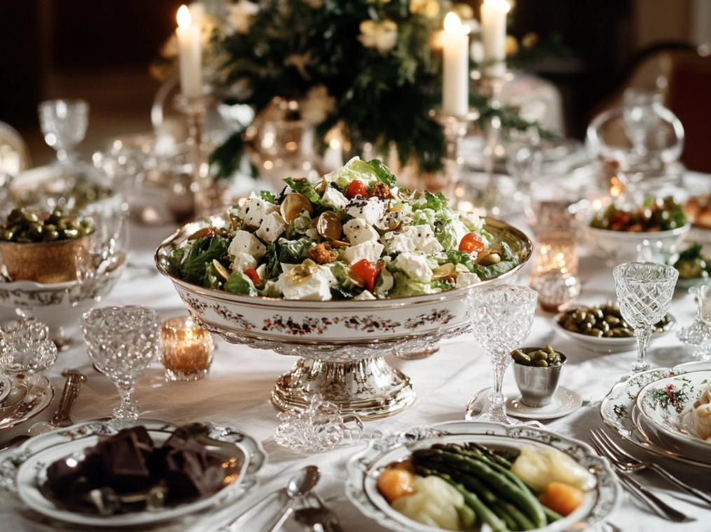 A lavish dining table set with an elegant centerpiece bowl filled with a fresh salad made of feta cheese, cherry tomatoes, greens, and olives, surrounded by candles, crystal glassware, and side dishes.