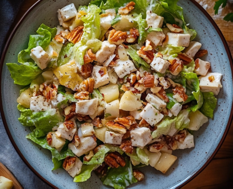 Waldorf Salad with apples, grapes, and celery in a white bowl.