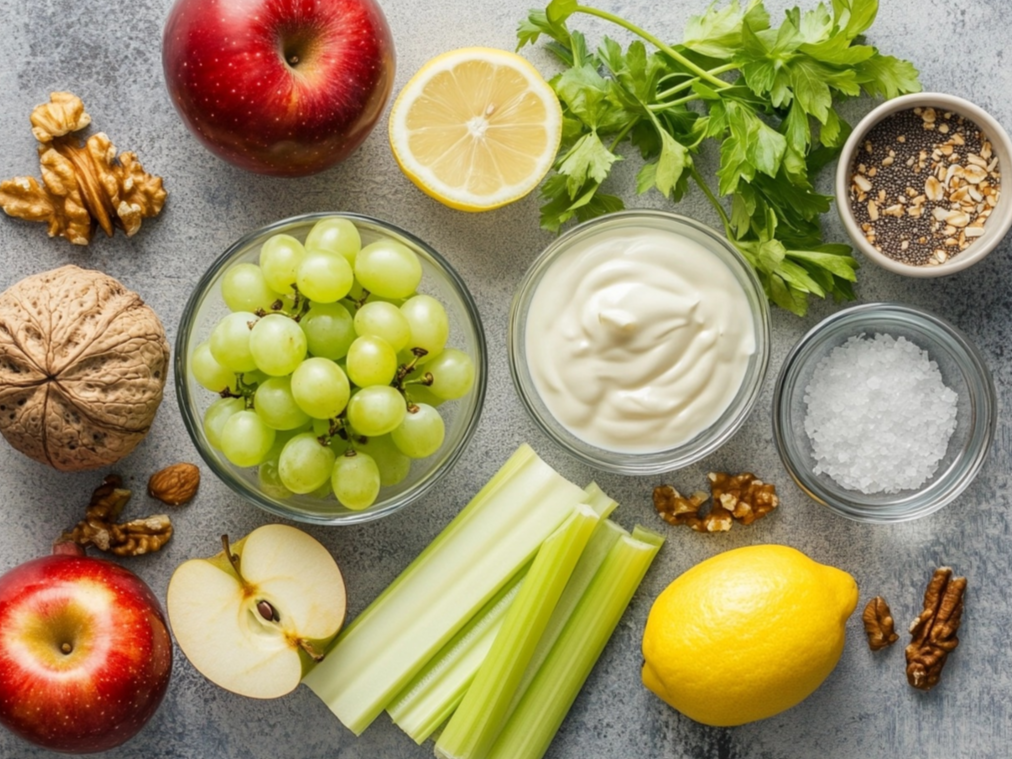 A flat lay of fresh ingredients including green grapes, red apples, celery, walnuts, parsley, lemon, chia seeds, yogurt, and salt, displayed on a textured grey surface.