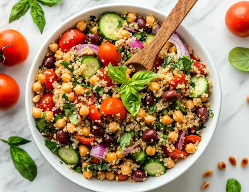 Quinoa Salad with fresh vegetables and herbs in a white bowl.