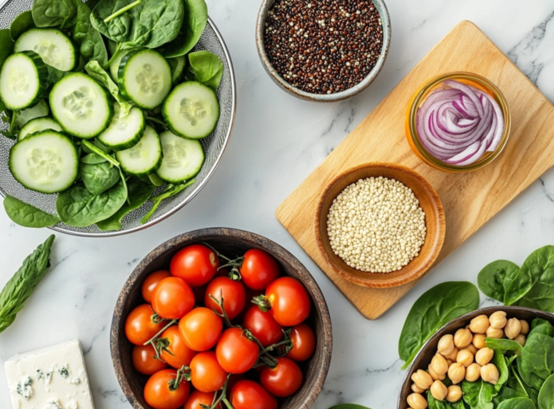 A flat lay of fresh salad ingredients, including spinach, cucumber slices, cherry tomatoes, chickpeas, red onions, quinoa, and feta cheese on a marble countertop.