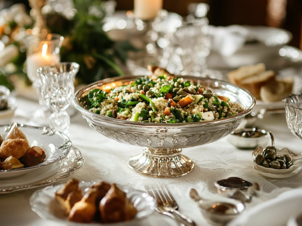 A luxurious dinner table setting featuring a silver bowl filled with quinoa salad, garnished with vegetables, seeds, and herbs.