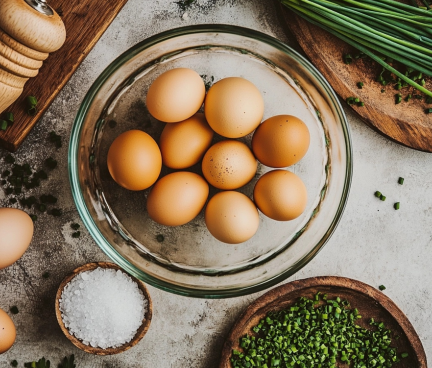 A rustic kitchen setup featuring a glass bowl filled with fresh brown eggs, surrounded by wooden bowls of sea salt and chopped chives, a wooden cutting board with whole chives, and a pepper mill on a textured countertop.