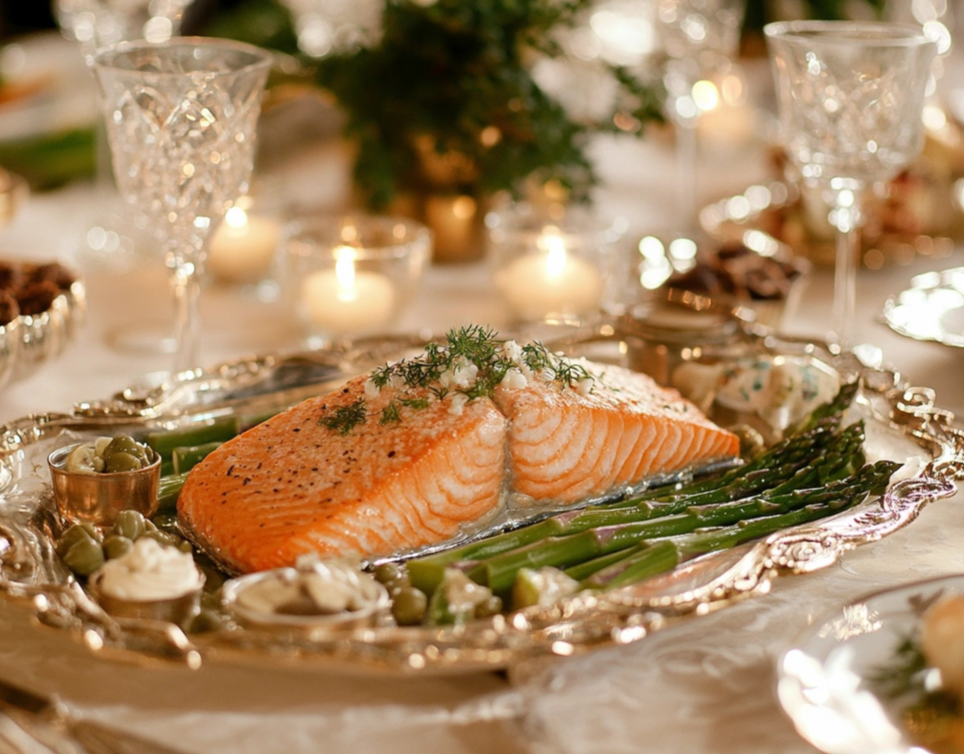 Elegant holiday table setting featuring a silver platter with perfectly cooked salmon, garnished with fresh dill, served alongside roasted asparagus, olives, and creamy sauces, surrounded by crystal glassware and glowing candles.