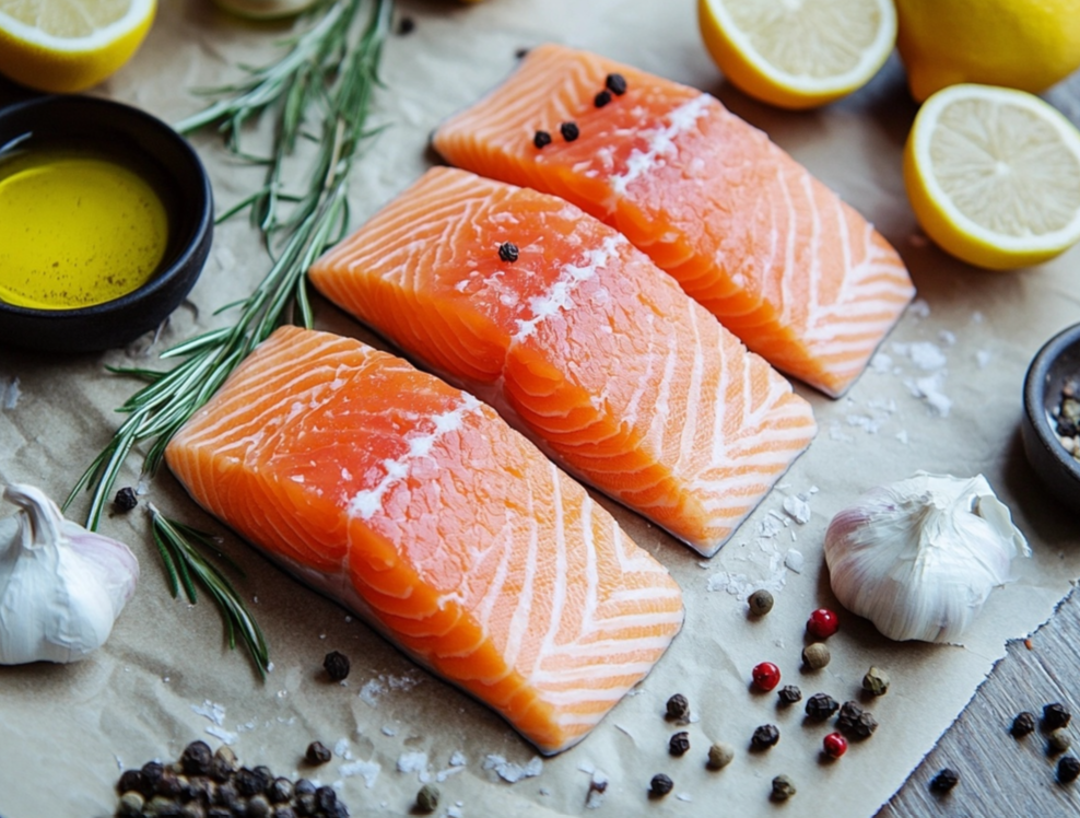 Fresh raw salmon fillets on parchment paper, garnished with sea salt, black pepper, garlic cloves, sprigs of rosemary, lemon halves, and a small bowl of olive oil.