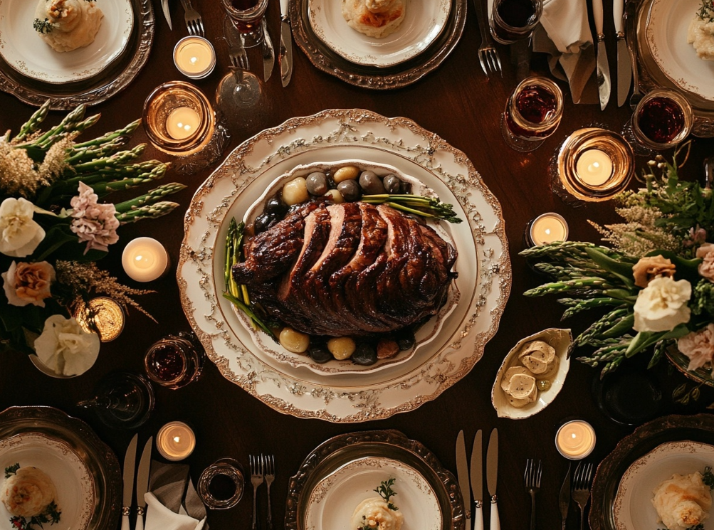 Elegant holiday dinner table with a glazed roast centerpiece surrounded by candles, fine china, and floral arrangements.