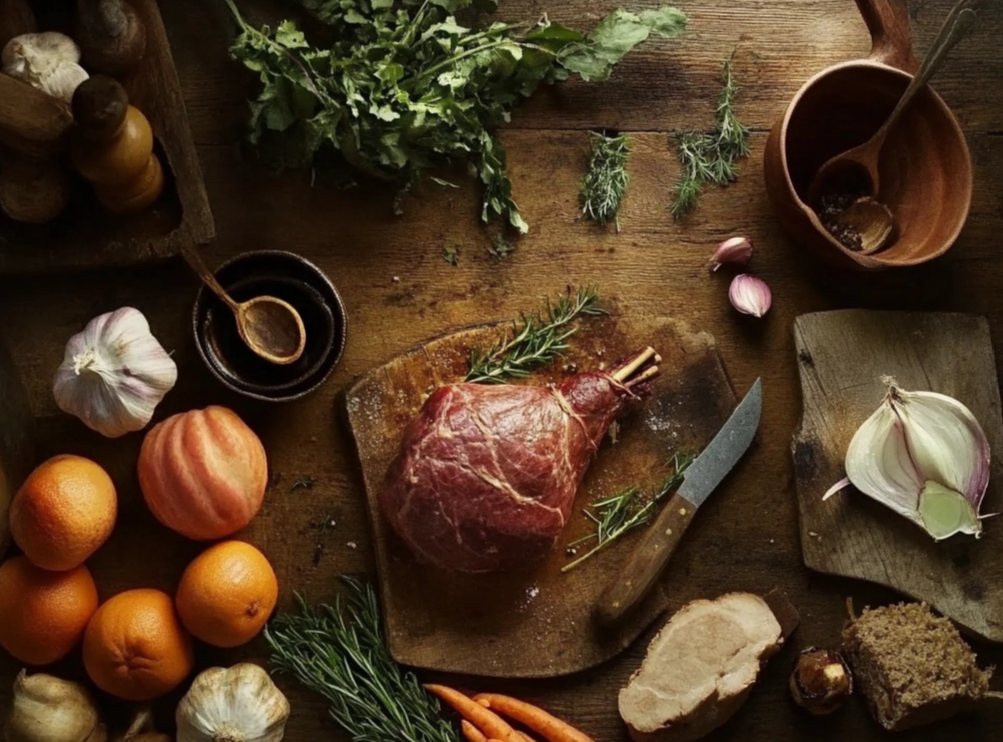 Rustic kitchen setup with raw lamb roast, fresh herbs, garlic, oranges, and other ingredients on a wooden table.