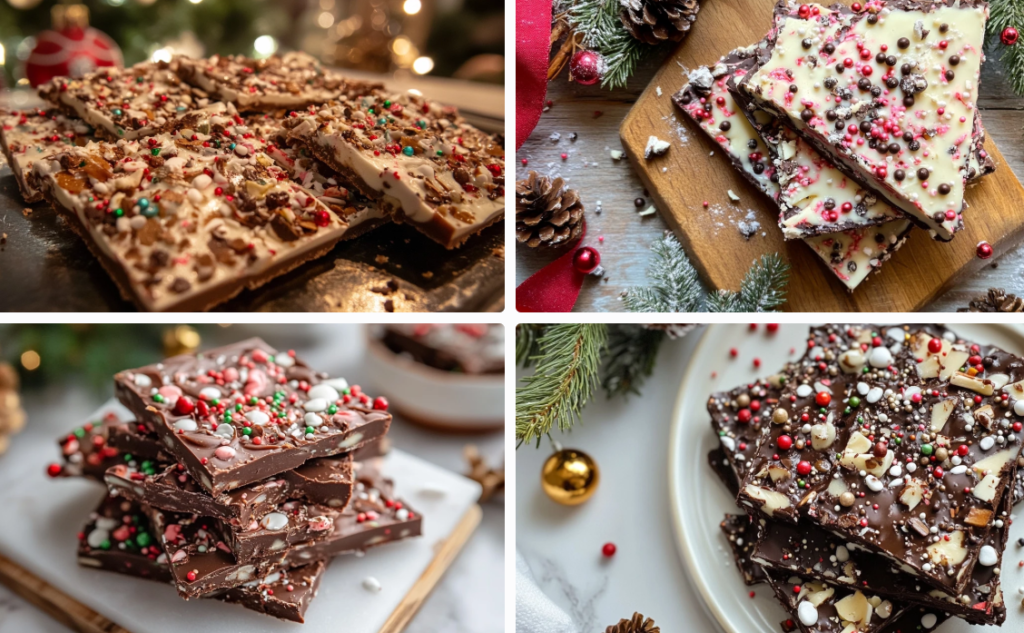 A close-up view of a christmas bark recipe topped with candy canes and nuts