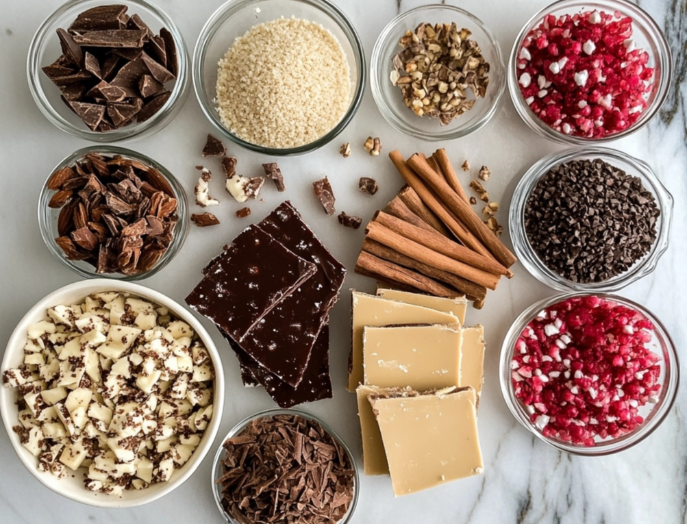 A variety of chocolate pieces, nuts, cinnamon sticks, and crushed peppermint displayed in small bowls on a marble surface.