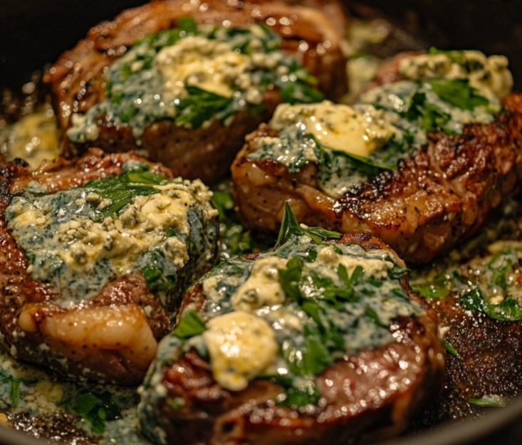 steak gorgonzola plated with sauce