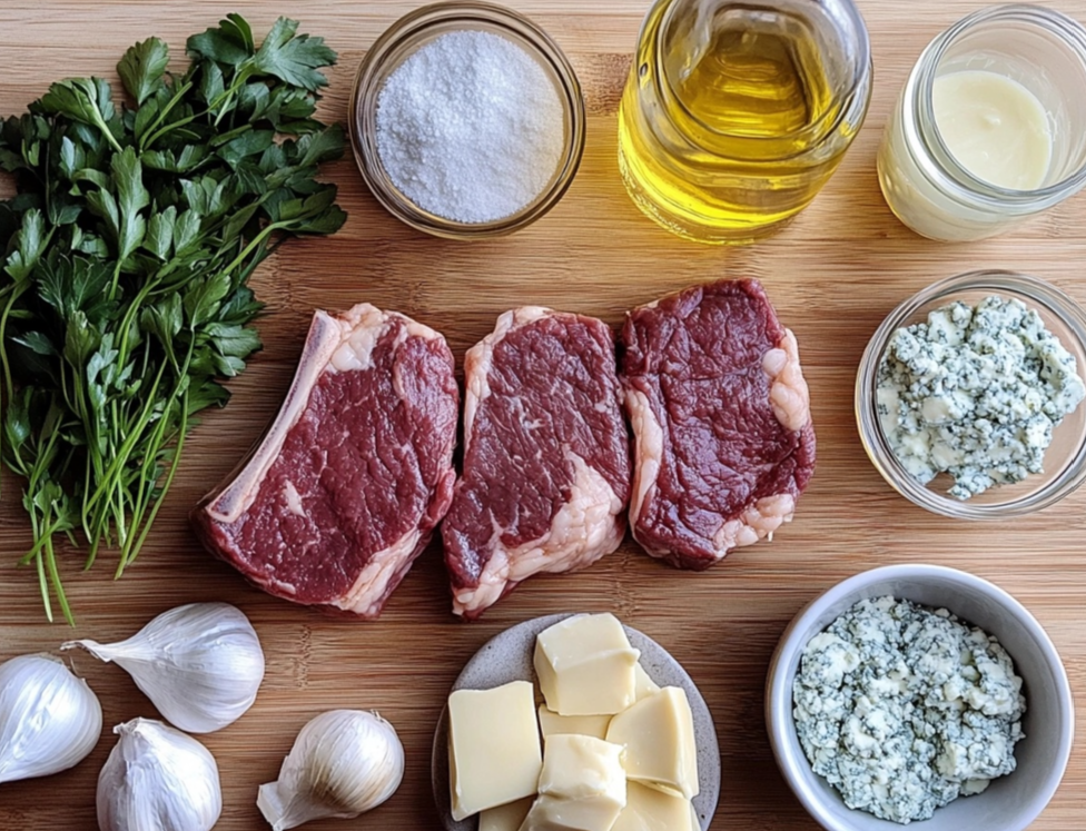 Fresh ingredients for steak with gorgonzola, including raw steaks, gorgonzola cheese, garlic, butter, parsley, olive oil, and seasoning on a wooden