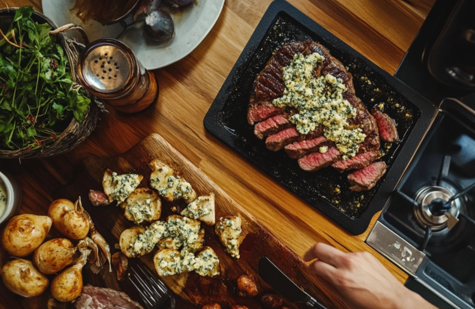 A plate of sliced steak topped with creamy gorgonzola sauce, illustrating steak gorgonzola