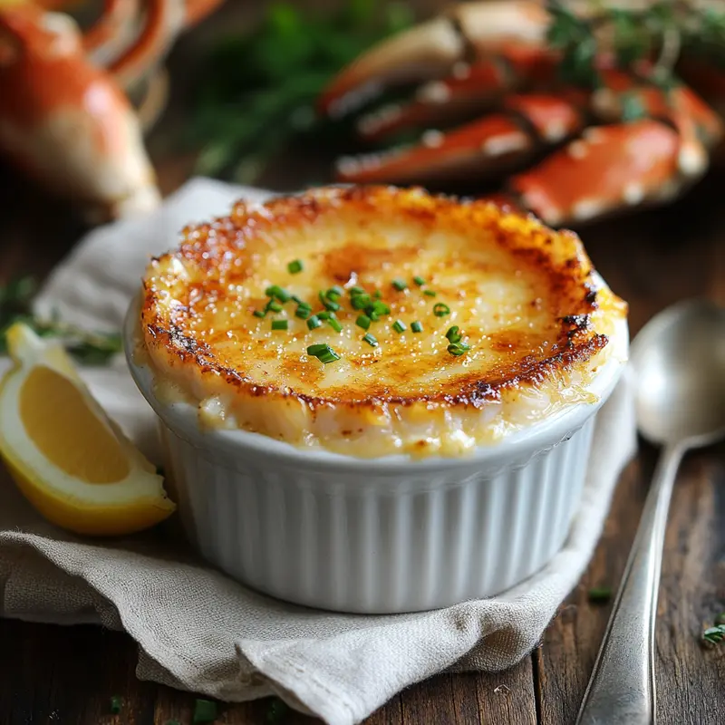 Crab brûlée in a white ramekin with a golden caramelized crust, garnished with fresh chives, served with a lemon wedge and crab claws in the background.