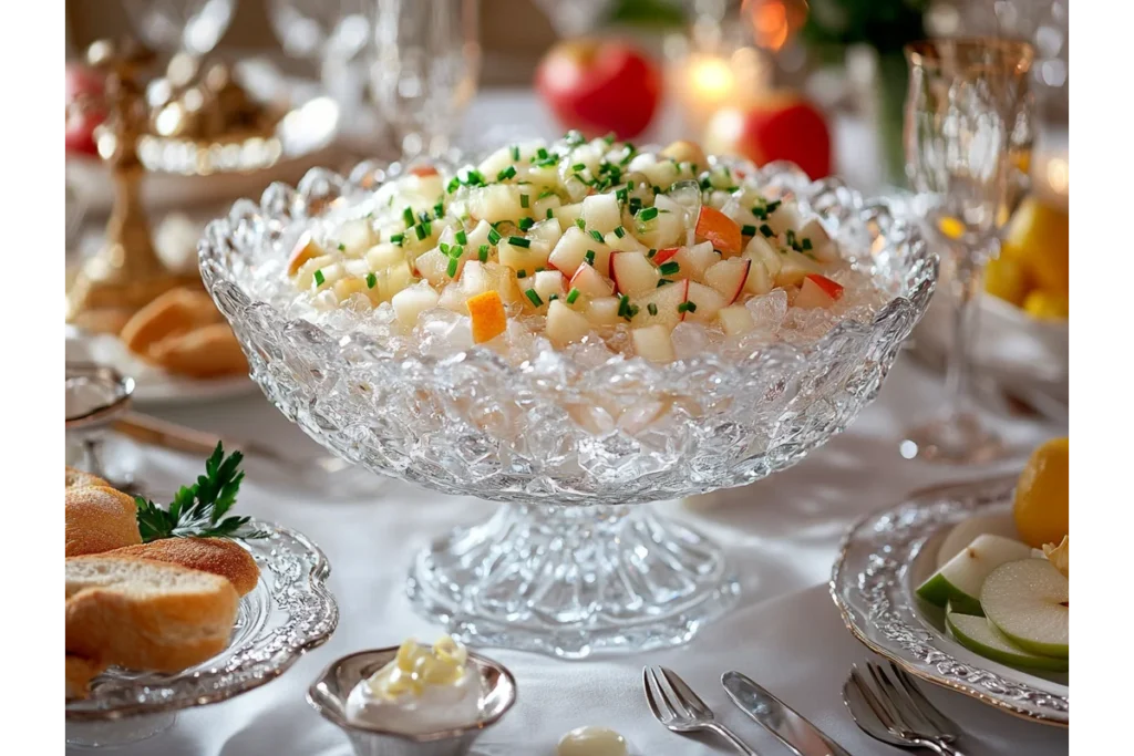 A crystal bowl filled with a diced apple salad, garnished with green herbs, displayed on an elegantly set dinner table.