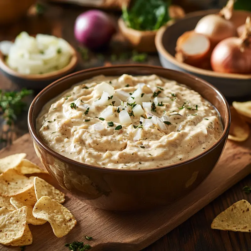 Bowl of creamy onion dip garnished with chopped onions and herbs, surrounded by tortilla chips and fresh onions in the background.