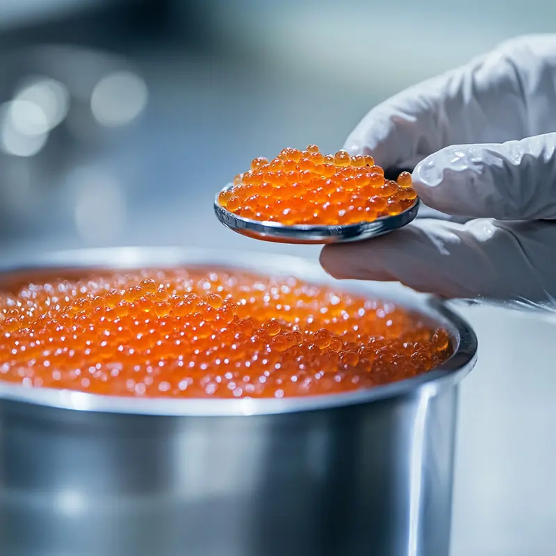 Gloved hand holding salmon roe over a stainless steel container in a clean fishery setting.