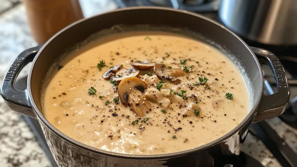 Creamy Mushroom Soup served in a bowl with fresh herbs.