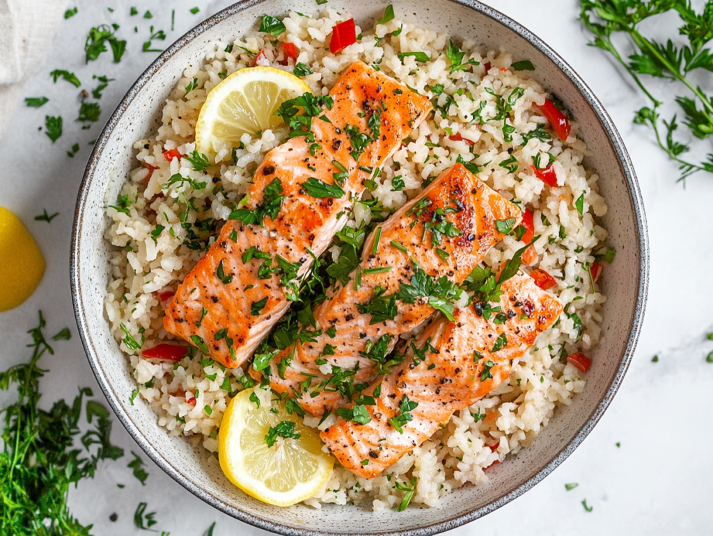 salmon and rice recipe closeup`