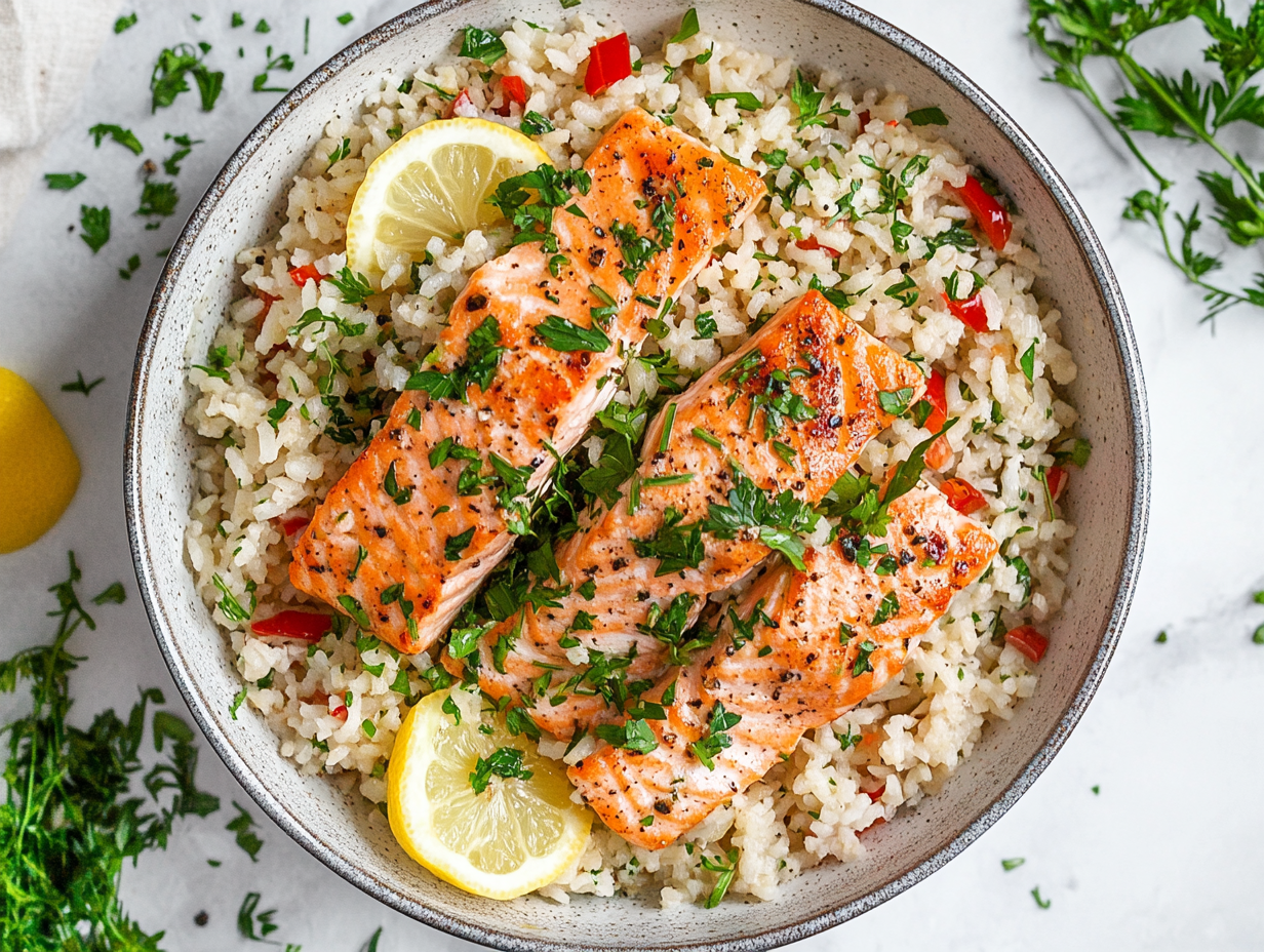 salmon and rice recipe closeup`