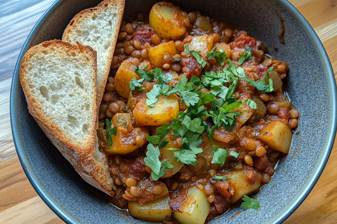 smoky lentil stew with leeks and potatoes chorizo closeup